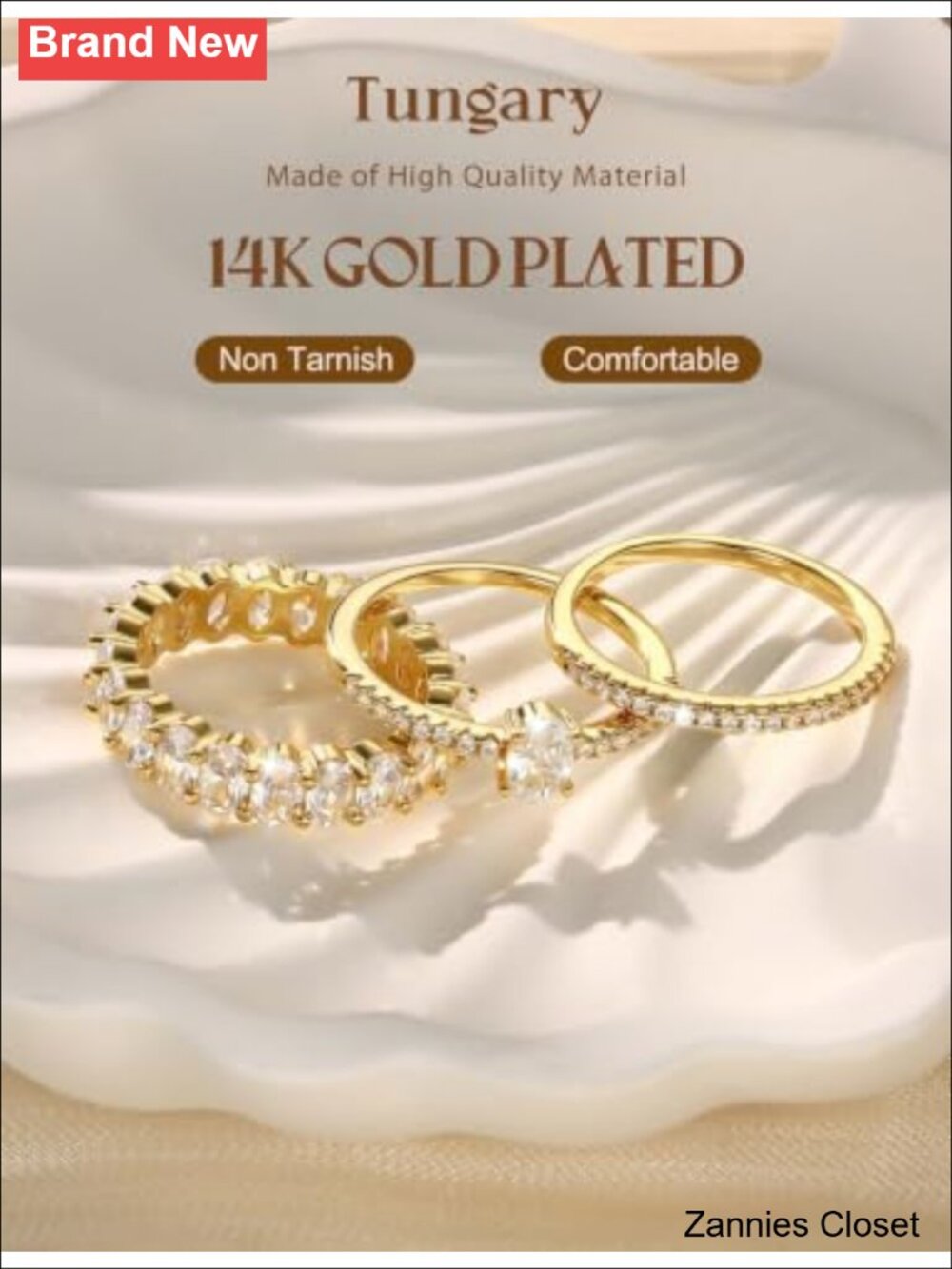💍 14K Gold Plated Stackable Rings Cubic Zirconia Set - Picture 2 of 6